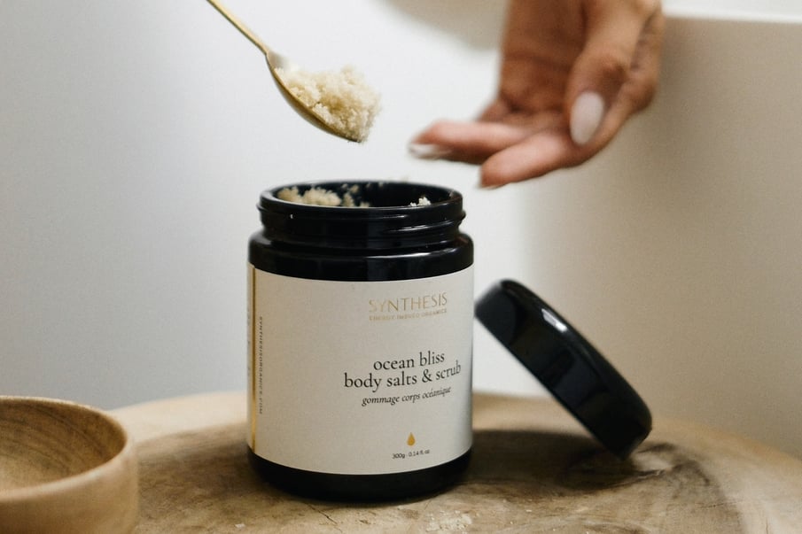 A jar of Ocean Bliss Body Salts & Scrub by Synthesis Organics